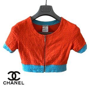 chanel S/S 2002 karl lagerfeld terry cloth orange teal logo zipper crop top